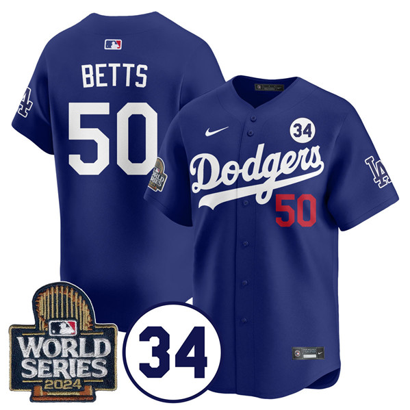 Men's Los Angeles Dodgers #50 Mookie Betts Royal 2024 World Series With No. 34 Patch Limited Stitched Baseball Jersey Men's Los Angeles Dodgers #50 Mookie Betts Royal 2024 World Series With No. 34 Patch Limited Stitched Baseball Jersey